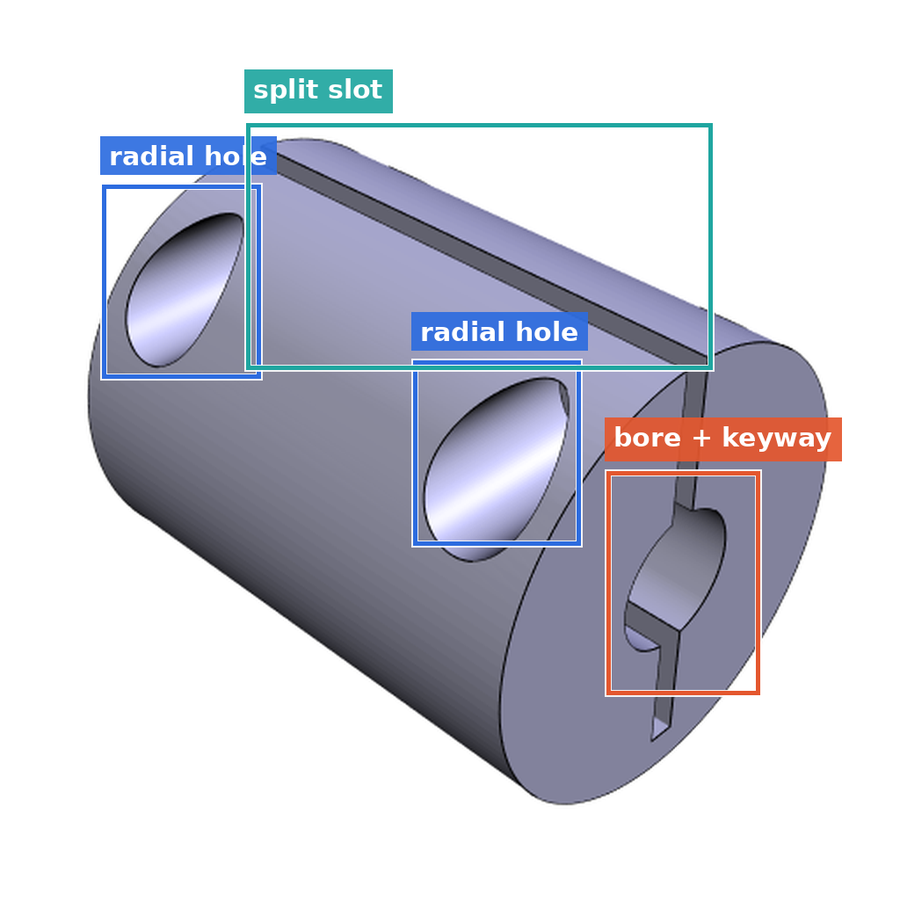Cylindrical part annotated with radial hole, split slot, and bore plus keyway callouts